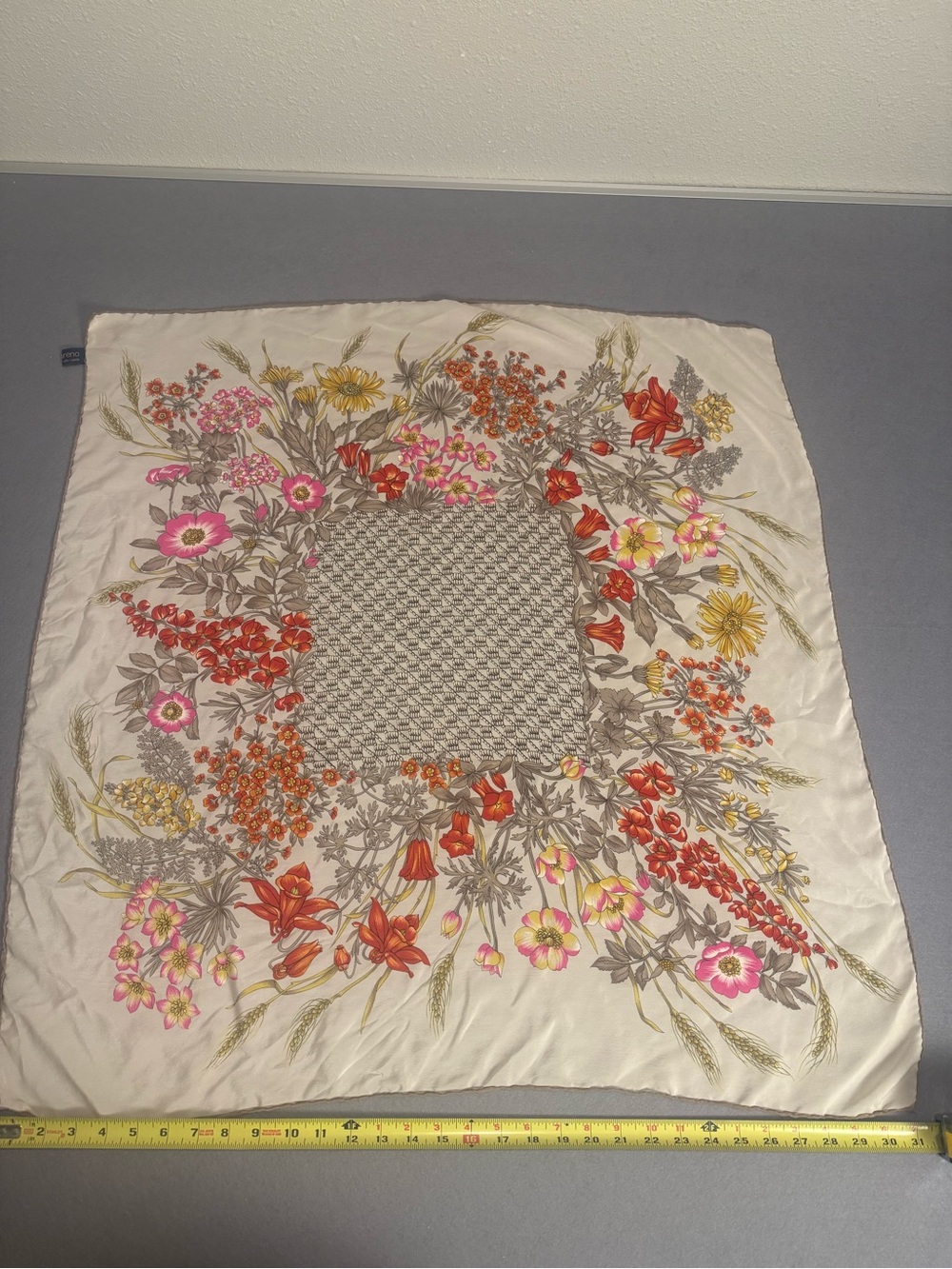100% Silk Cream Floral Square Scarf with Pink & Orange Blooms